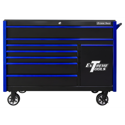 Extreme Tools DX Series 55in W x 25in D 8-Drawer Roller Cabinet W/Power Tool Drawer, 100 lb Slides, Black w Blue Drawer Pulls
