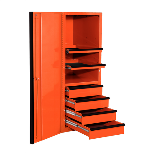 Extreme Tools EXQ Series 24in W x 30in D 4 Drawer and 3 Shelf Professional Side Cabinet - Orange w Black Handles