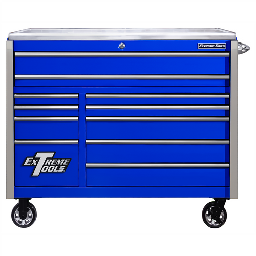 Extreme Tools EXQ Series 55inW x 30inD 11 Drawer Professional Roller Cabinet EX Quick Release Drawer Pulls 300 lbs Slides Blue with Chrome Handles and Trim Extreme Tools EXQ Series 55inW x 30inD 11 Drawer Professional Roller Cabinet EX Quick Release Drawer Pulls 300 lbs Slides Blue with Chrome Handles and Trim