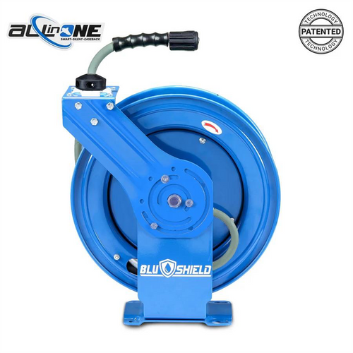 BluBird BluShield All-in-One Rubber Air Hose Reel 1/4" X 50(Single Arm - Heavy Duty) with 6' Lead-in-Hose. Includes FreeStyle, Sshhh Tek, and Safety Rewind Features.