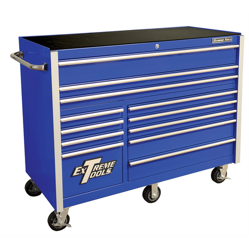 Extreme Tools RX Series 55in. W x 25in. D 12 Drawer Roller Cabinet, 150 lbs. Slides, Blue w Chrome Drawer Pulls and Trim Extreme Tools RX Series 55in. W x 25in. D 12 Drawer Roller Cabinet, 150 lbs. Slides, Blue w Chrome Drawer Pulls and Trim