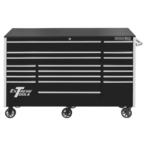 Extreme Tools RX Series 72 Inch Wide x 25 Inch Long 19 Drawer Triple Bank Roller Cabinet 150 Pound Slides Black with Chrome Drawer Pulls