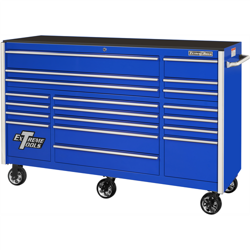 Extreme Tools RX Series 72in W x 25in D 19-Drawer Triple Bank Roller Cabinet  150 lb. Slides  Blue w Chrome Drawer Pulls