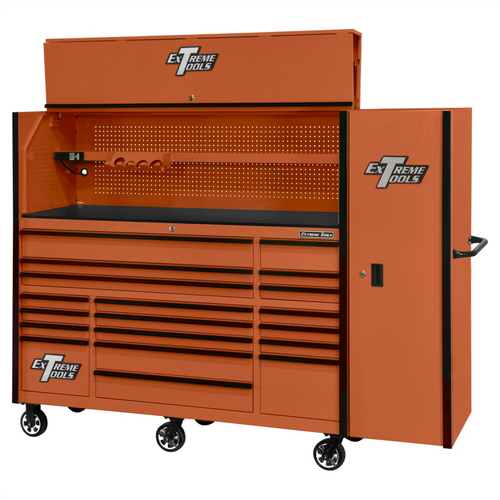 Extreme Tools RX Series 72in W x 25in D Professional Extreme Power Workstation Hutch, 19-Drawer Roller Cabinet-150 lbs Slides and 19in 3-Drawer Side Locker Combo, Orange w Black Dr Pulls