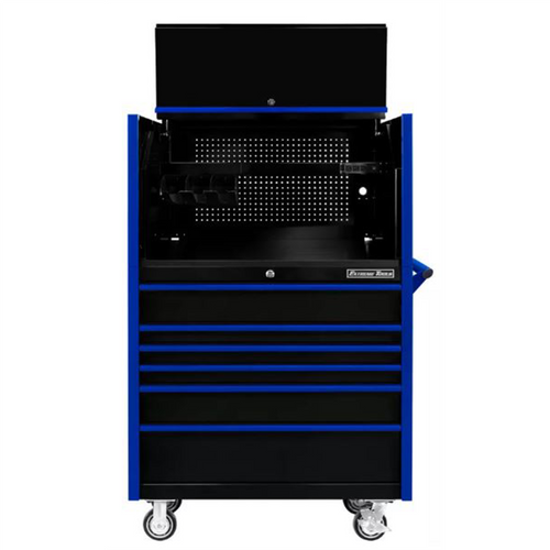 Extreme Tools DX Series 41in W x 25in D Extreme Power Workstation&reg; Hutch and 6 Drawer 25in Deep Roller Cabinet - Black with Blue Drawer Pulls 100-200 lb. Slides