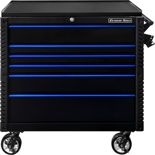 Extreme Tools EX Professional Series 41 Inch 6 Drawer Open Top Tool Cart with PVC-coated work surface - Black with Blue Drawer Pulls