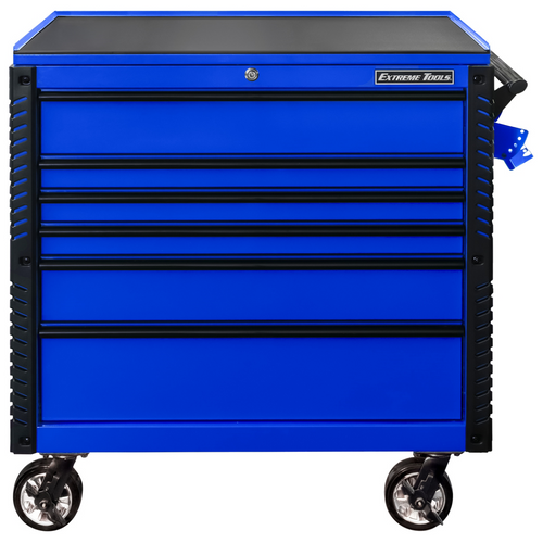 Extreme Tools EX Professional Series 41 Inch 6 Drawer Open Top Tool Cart with PVC-coated work surface - Blue with Black Drawer Pulls