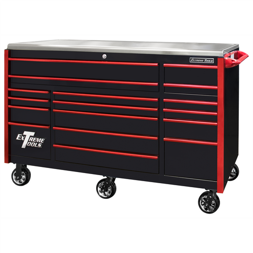 Extreme Tools EXQ Series 72"W x 30"D 17-Drawer Pro Triple Bank Roller Cabinet Black w/ Red Quick Release Drawer Pulls