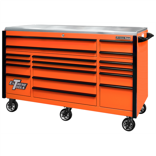 Extreme Tools EXQ Professional Series 72"Wx30"D 17 Drawer Triple Bank Roller Cabinet, Orange with Black Quick Release Anodized Aluminum Drw Pulls, 300-600 lbs. Drw Capacity, Stainless Steel Top