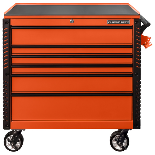 Extreme Tools EX Professional Series 41 Inch 6 Drawer Open Top Tool Cart with PVC-coated work surface - Orange with Black Drawer Pulls