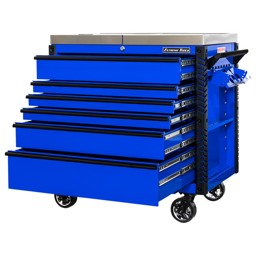 Extreme Tools EX Professional Series 41 Inch 6 Drawer Sliding Top Tool Cart with stainless steel work surface - Blue with Black Drawer Pulls