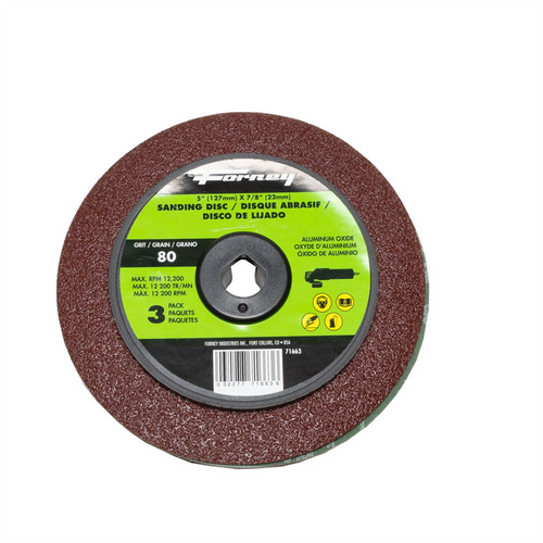 Forney Industries Resin Fibre Sanding Disc, Aluminum Oxide, 5 in x 7/8 in Arbor, 80 Grit