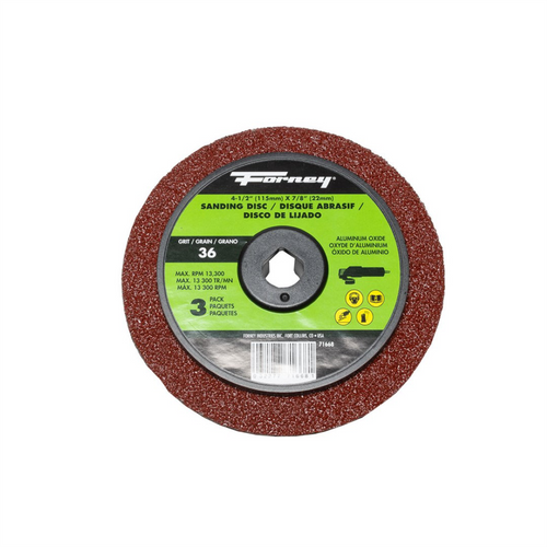 Forney Industries Resin Fibre Sanding Disc, Aluminum Oxide, 4-1/2 in x 7/8 in Arbor, 36 Grit