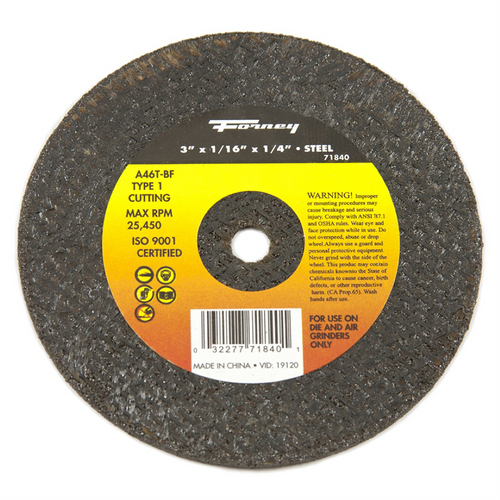 Forney Industries CUT-OFF WHEEL, METAL, TYPE 1 (FLAT), 3 IN X 1/16 IN X 1/4 IN