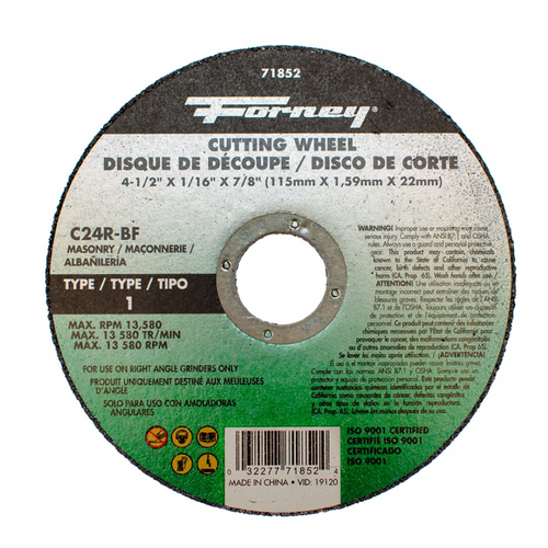 Forney Industries Cutting Wheel, Masonry, Type 1, 4-1/2 in x 1/16 in x 7/8 in