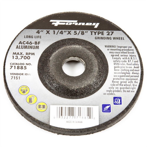 Forney Industries Grinding Wheel, Aluminum, Type 27, 4 in x 1/4 in x 5/8 in Forney Industries Grinding Wheel, Aluminum, Type 27, 4 in x 1/4 in x 5/8 in