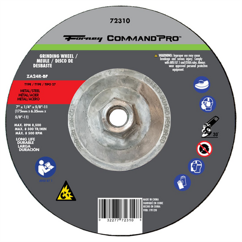 Forney Industries Grinding Wheel, Metal, Type 27, 7 in x 1/4 in x 5/8 in-11