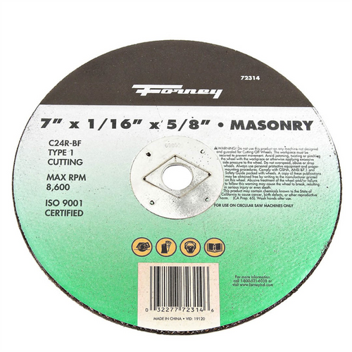Forney Industries Cutting Wheel, Masonry, Type 1, 7 in x 1/16 in x 5/8 in
