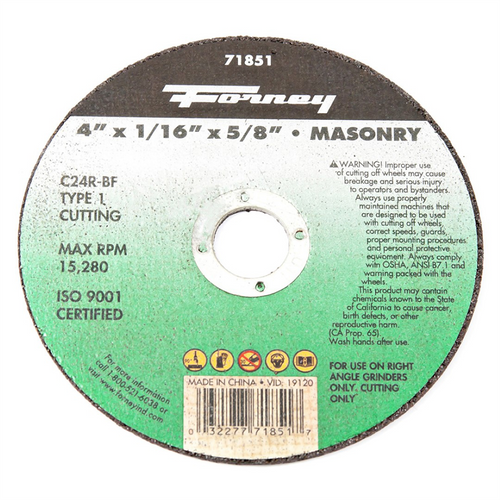 Forney Industries Cutting Wheel, Masonry, Type 1, 4 in x 1/16 in x 5/8 in