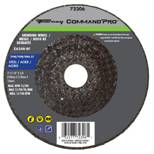 Forney Industries Grinding Wheel, Metal Type 27, 4 in x 1/8 in x 5/8 in