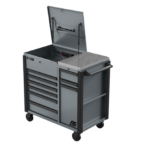 Homak Manufacturing 44 Inch RS Pro 9 Drawer Flip Top Power Service Cart w/ Workstation - Grey