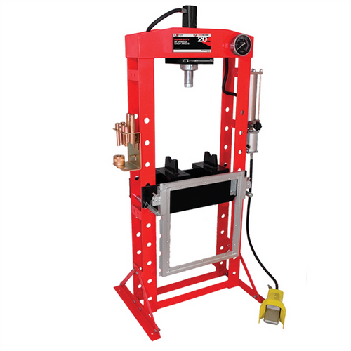 American Forge & Foundry AFF - Shop Press - 20 Ton Capacity - Foot Operated Air Motor/Manual Pump W/ Hydraulic Ram - Built In Polycarbonate Press Guard - 10 pc  Pin & Bearing Press Adapter Set Included - SUPER DUTY