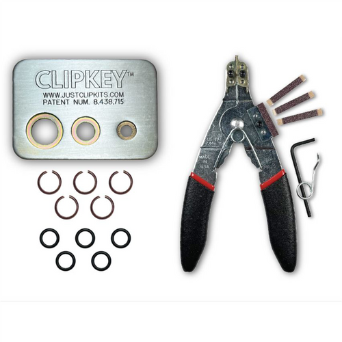JUST CLIPS TOOL KIT WITH SNAP RING PLIERS, A CLIPKEY AND 5 SETS OF 1/2" FRICTION RINGS & O-RINGS