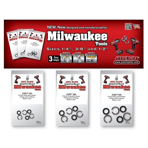 Just Clips 3 Hook Display of Milwaukee 1/4", 3/8" & 1/2" Friction rings and o-rings Just Clips 3 Hook Display of Milwaukee 1/4", 3/8" & 1/2" Friction rings and o-rings