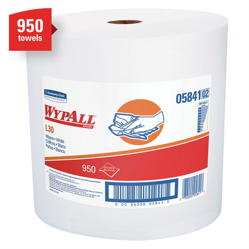 Kimberly Clark WypAll 05841 L30 Series Jumbo Roll Towel, 13.4 x 12.4 in, 950, Double Re-Creped, White, 1 Plys