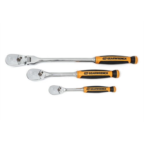 GearWrench 3 Piece 1/4 Inch & 3/8 Inch Drive 90-Tooth Dual Material Teardrop Ratchet Set