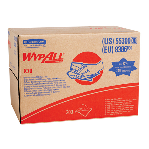 Kimberly Clark WypAll 55300 X70 Series Brag Box Cloth, 12-1/2 x 16.8 in, 200, Hydroknit, White, 1 Plys Kimberly Clark WypAll 55300 X70 Series Brag Box Cloth, 12-1/2 x 16.8 in, 200, Hydroknit, White, 1 Plys