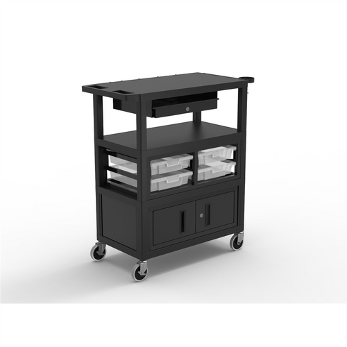 Luxor 32" x 18" Deluxe Cart with Locking Cabinet, Storage Bins, Keyboard Tray, Pocket Chart Hooks, and Cup Holder
