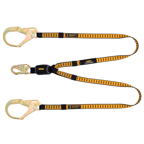 DEWALT 6 Ft. Lanyard, Twin, External Absorber, with Steel Snap Hooks on D-Ring End and Steel Rebar Hook on Anchor End DEWALT 6 Ft. Lanyard, Twin, External Absorber, with Steel Snap Hooks on D-Ring End and Steel Rebar Hook on Anchor End