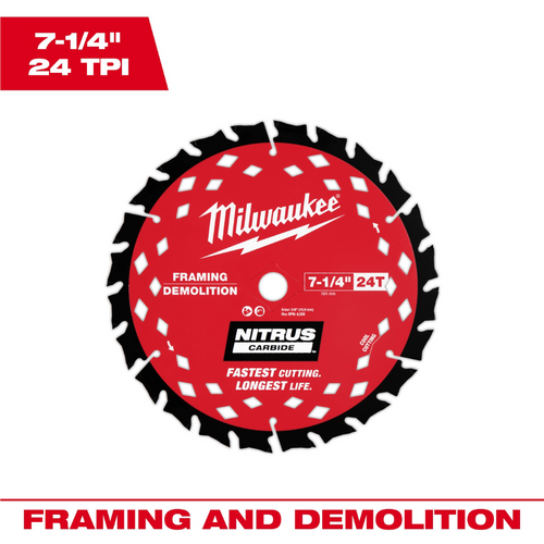 Milwaukee Tool 7-1/4 inch 24T NITRUSCarbideFraming & Demolition Circular Saw Blade Milwaukee Tool 7-1/4 inch 24T NITRUSCarbideFraming & Demolition Circular Saw Blade