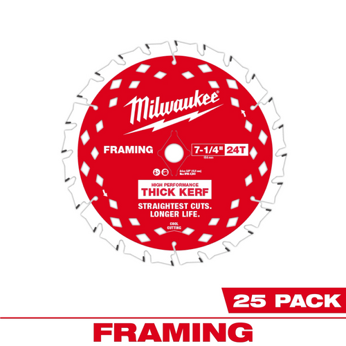 Milwaukee Tool 7-1/4 Inch 24T Thick Kerf Framing Circular Saw Blade Contractor Pack (25 PK) Milwaukee Tool 7-1/4 Inch 24T Thick Kerf Framing Circular Saw Blade Contractor Pack (25 PK)