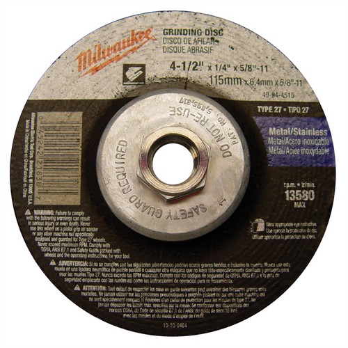 Milwaukee Tool 4-1/2" x 1/4" x 5/8-11" Grinding Wheel (Type 27) Milwaukee Tool 4-1/2" x 1/4" x 5/8-11" Grinding Wheel (Type 27)