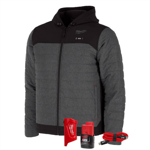 Milwaukee Tool M12 Heated Axis Hooded Jacket Kit with Hexon Heat Technology, 2X - Grey/Black