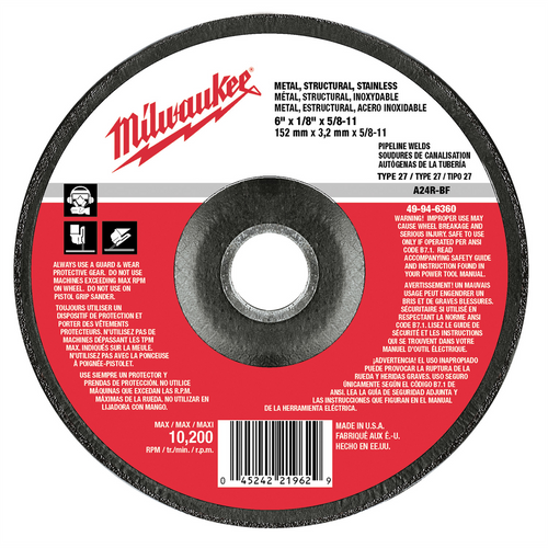 Milwaukee Tool 6" x 1/8" x 5/8-11" Grinding Wheel (Type 27) Milwaukee Tool 6" x 1/8" x 5/8-11" Grinding Wheel (Type 27)