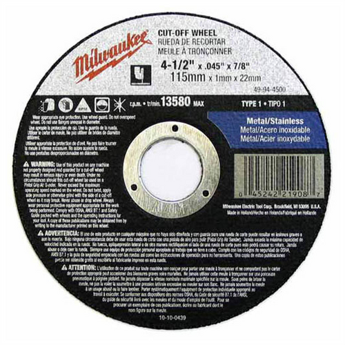 Milwaukee Tool 4-1/2" x .045" x 7/8" Cut-Off Wheel (Type 1) Milwaukee Tool 4-1/2" x .045" x 7/8" Cut-Off Wheel (Type 1)
