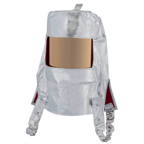 Oberon Hood with Ratcheting Adjustable Headgear - Heat Reflective - Aluminized PBI/Kevlar - Window: Clear Gold Oberon Hood with Ratcheting Adjustable Headgear - Heat Reflective - Aluminized PBI/Kevlar - Window: Clear Gold