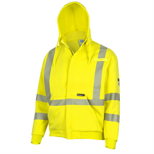 OBERON Hoodie - Hi-Vis 100% FR/Arc-Rated Heavyweight 12 oz Cotton Fleece - Zipper Closure - Detachable Hood - Hi-Vis Yellow - Size: 4XL