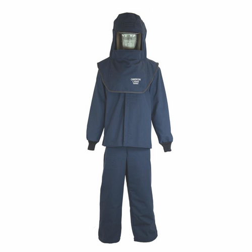Oberon Suit Kit - Arc Flash - 40 Cal LAN&trade; - Comes with Hood with Hard Cap, Coat, Bib Overalls and Fresh Air Arc Flash Hood Ventilation System & Light - Color: Navy Blue - Size: Small Tall