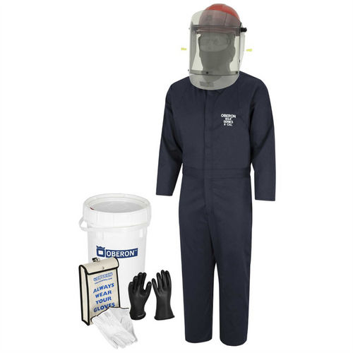 Oberon OBERON&trade;- 12 Cal HRC2&trade; Electric Vehicle Arc Flash & Shock Kit: TCG Arc Flash Face Shield w/Hard Cap, Balaclava, Coverall with Escape Strap, Safety Glasses, Class 0 Glove Kit - Size 10, Earplugs & Storage Bucket - Size M