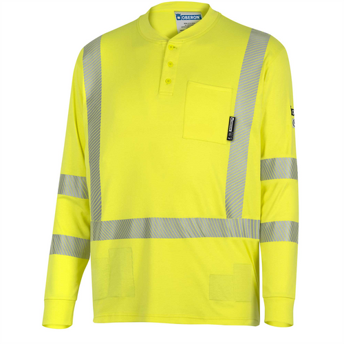 OBERON Henley Shirt - Hi-Vis 100% FR/Arc-Rated 7 oz Cotton Interlock - Long Sleeves - Hi-Vis Yellow - Size: 4XL OBERON Henley Shirt - Hi-Vis 100% FR/Arc-Rated 7 oz Cotton Interlock - Long Sleeves - Hi-Vis Yellow - Size: 4XL