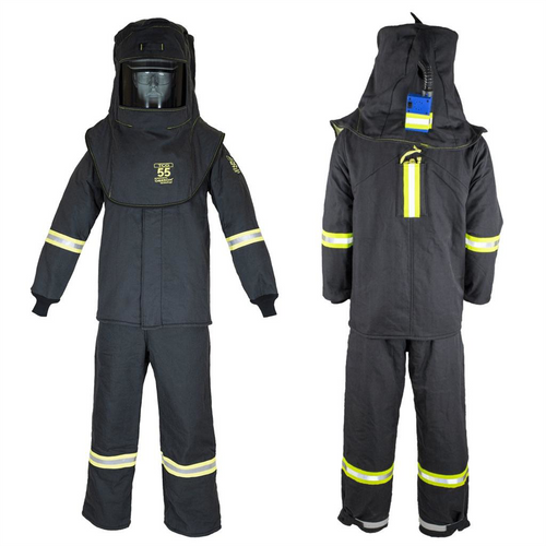 Oberon Suit Kit - Arc Flash - 55 Cal TCG&trade; - Comes with Hood, Coat, Bib Coveralls and  Fresh Air Arc Flash Hood Ventilation System & Light - With Escape Strap - With Leg Zippers - Color: Black - Size: 4XL