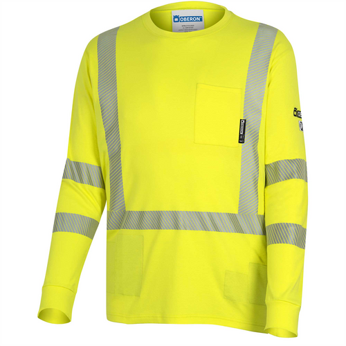 OBERON T-Shirt - Hi-Vis 100% FR/Arc-Rated 7 oz Cotton Interlock - Long Sleeves - 2" Tape - Hi-Vis Yellow - Size: M