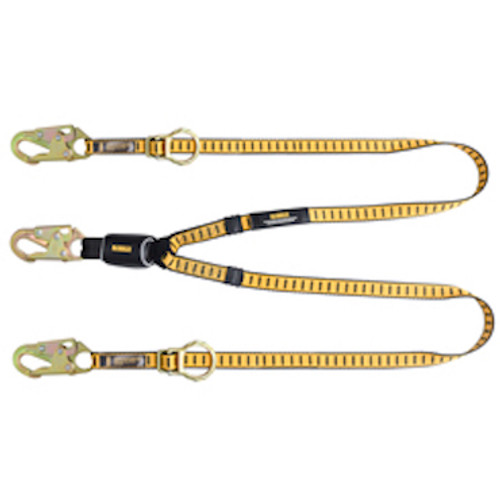 DEWALT 6 Ft. Lanyard, Twin, External Absorber, Tie-Back to D-Ring, Adjustable, Steel Snap Hook on D-Ring End and Steel Rebar Hooks on Anchor Ends DEWALT 6 Ft. Lanyard, Twin, External Absorber, Tie-Back to D-Ring, Adjustable, Steel Snap Hook on D-Ring End and Steel Rebar Hooks on Anchor Ends