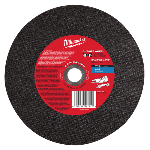 Milwaukee Tool 9" x 3/32" x 7/8" Cut-Off Wheel (Type 1) Milwaukee Tool 9" x 3/32" x 7/8" Cut-Off Wheel (Type 1)