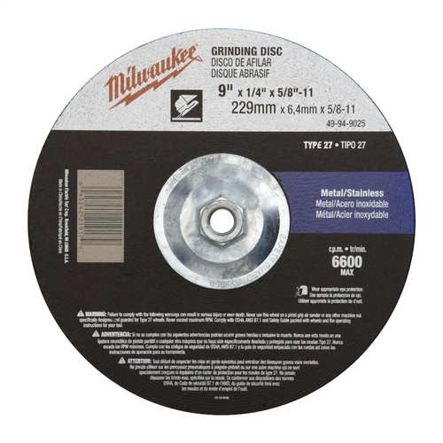 Milwaukee Tool 9" x 1/4" x 5/8-11" Grinding Wheel (Type 27) Milwaukee Tool 9" x 1/4" x 5/8-11" Grinding Wheel (Type 27)