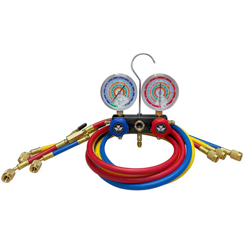 Mastercool R134a, R404A, R407C & R507A 2-WAY ALUMINUM MANIFOLD GAUGE SET WITH NYLON BARRIER HOSES AND BALL VALVES